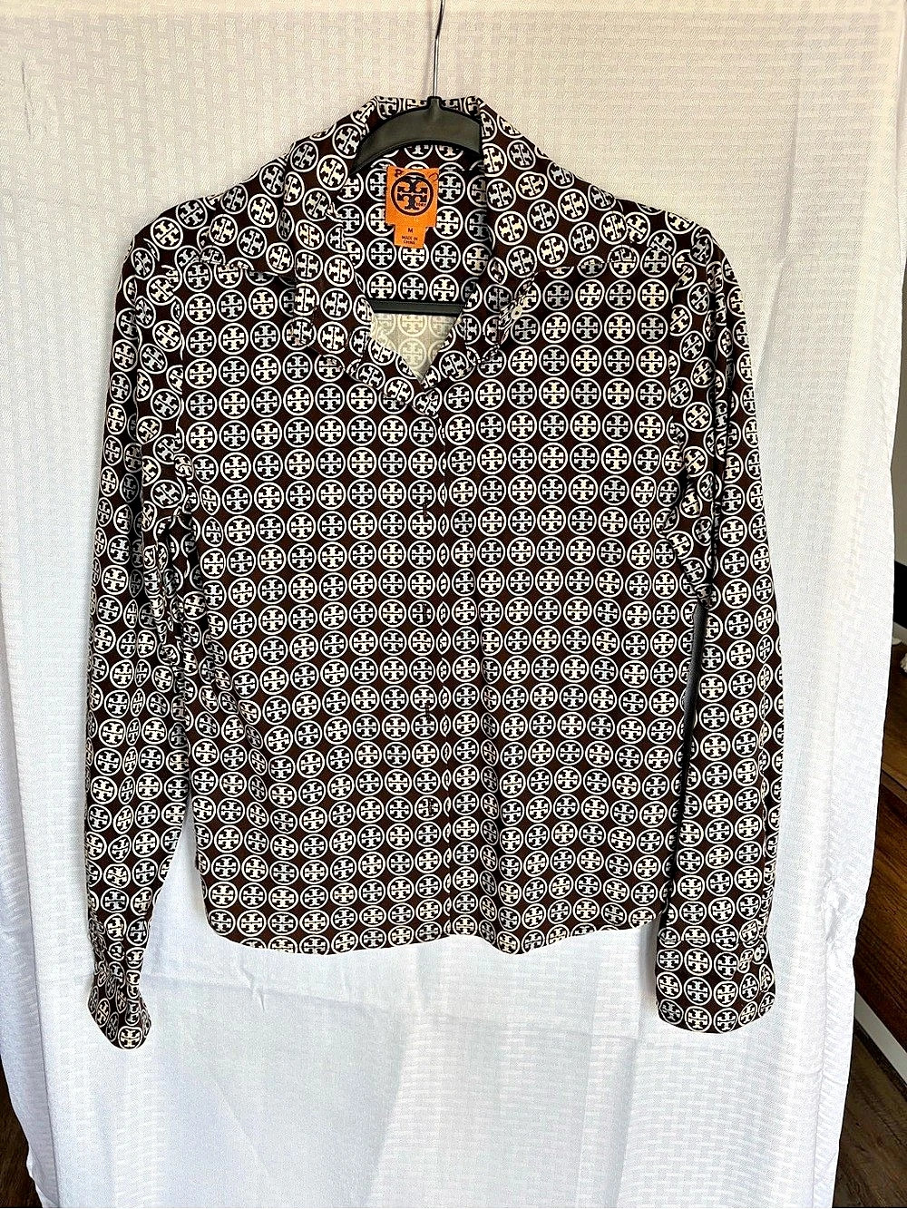 Tory Burch Geometric Button-Down in Brown & White